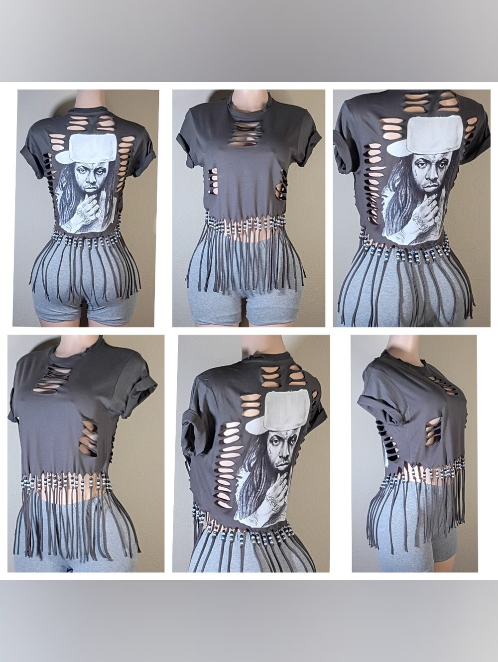 Distressed Fringe Graphic Crop Top - Gray
